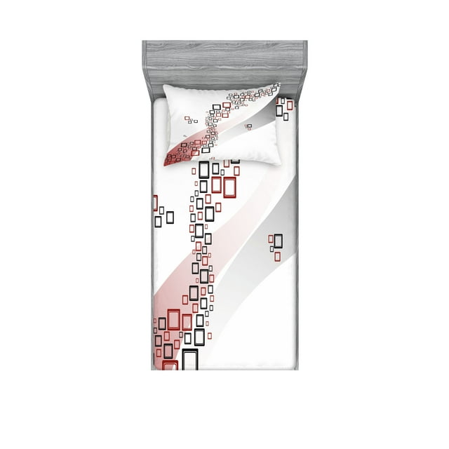 Ambesonne Geometric Fitted Sheet & Pillow Sham Set, Square Wavy Shapes, Twin, Grey and Red