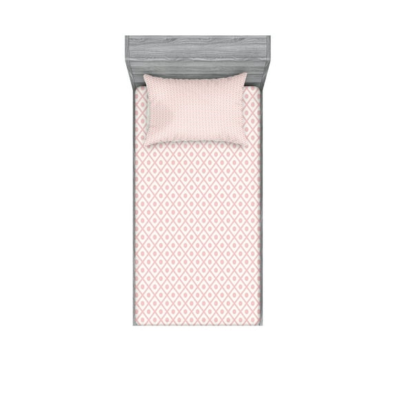 Ambesonne Geometric Fitted Sheet & Pillow Sham Set, Squares Polka Dots, Twinxl, Pale Pink White