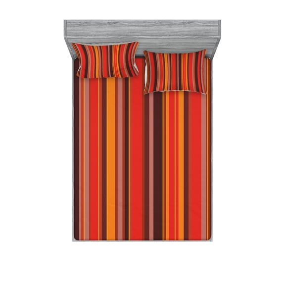 Ambesonne Geometric Fitted Sheet & Pillow Sham Set, Tiny and Thick Lines, Queen, Red Brown Yellow
