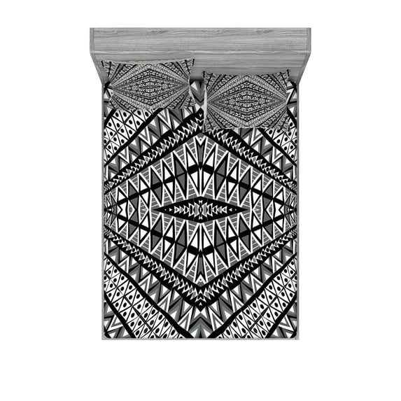 Ambesonne Geometric Fitted Sheet & Pillow Sham Set, Triangle Diamon Form, Queen, Black White