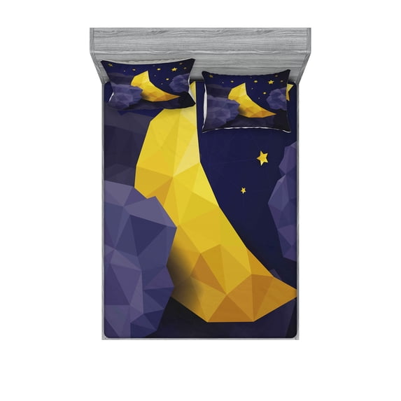 Ambesonne Geometric Fitted Sheet & Pillow Sham Set, Triangle Night Sky, Full, Navy Blue Yellow