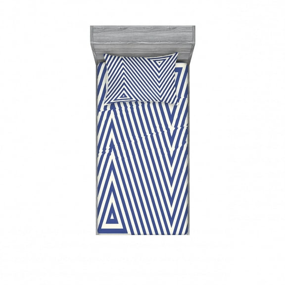 Ambesonne Geometric Fitted Sheet & Pillow Sham Set, Triangle and Stripes, Twin, Dark Blue and White