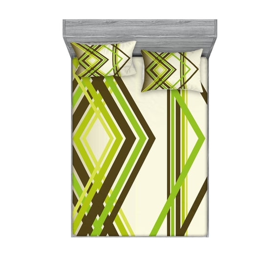 Ambesonne Geometric Fitted Sheet & Pillow Sham Set, Trippy Diamond Shapes, Full, Lime Green Army Green