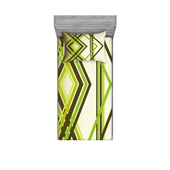 Ambesonne Geometric Fitted Sheet & Pillow Sham Set, Trippy Diamond Shapes, Twinxl, Lime Green Army Green