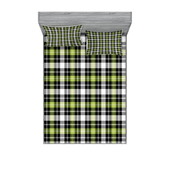 Ambesonne Geometric Fitted Sheet & Pillow Sham Set, Vertical Square Lines, Queen, Black Grey Lime Green