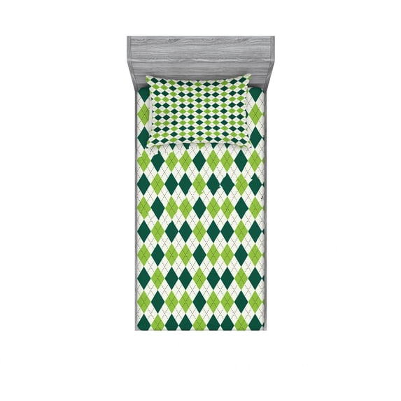 Ambesonne Geometric Fitted Sheet & Pillow Sham Set, Vintage Diamond Line, Twin, Lime Green Dark Green