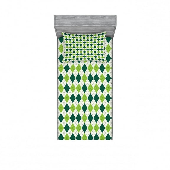 Ambesonne Geometric Fitted Sheet & Pillow Sham Set, Vintage Diamond Line, Twinxl, Lime Green Dark Green