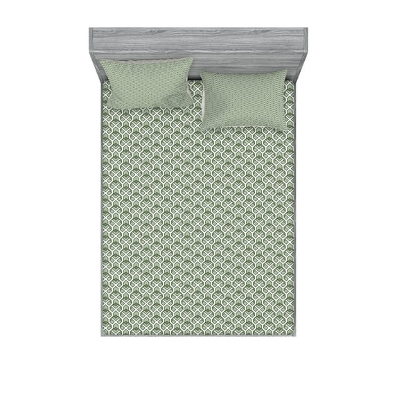 Ambesonne Geometric Fitted Sheet & Pillow Sham Set, Vintage Rhombus Stripes, King, Pale Sage Green