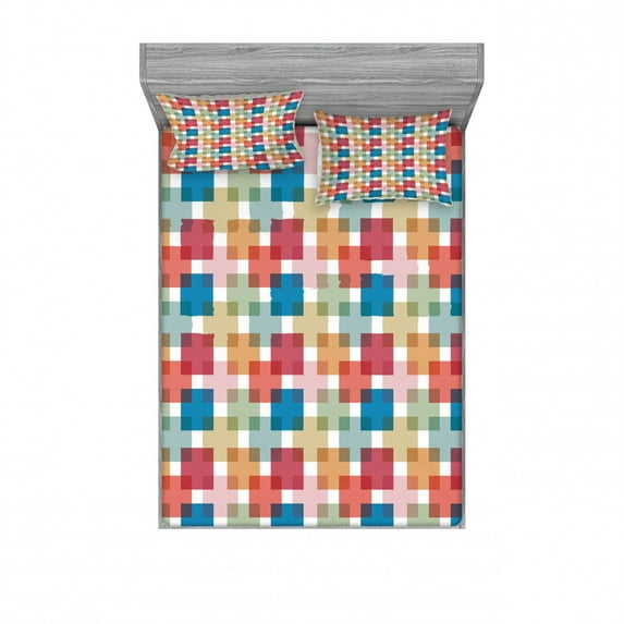 Ambesonne Geometric Fitted Sheet & Pillow Sham Set, Wall or Floor Squares, Full, Multicolor