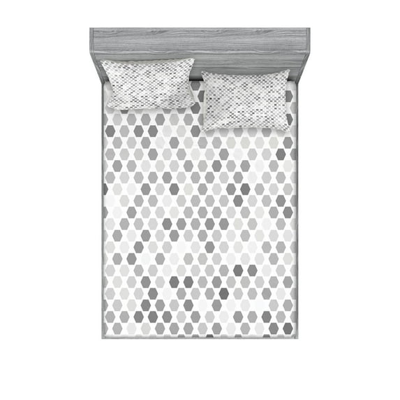 Ambesonne Geometric Fitted Sheet & Pillow Sham Set, Zig Zag Hexagon, King, White