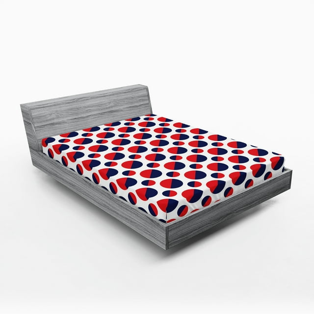 Ambesonne Geometric Fitted Sheet, Red Circles Rounds, Queen Size, Navy Blue Red and White