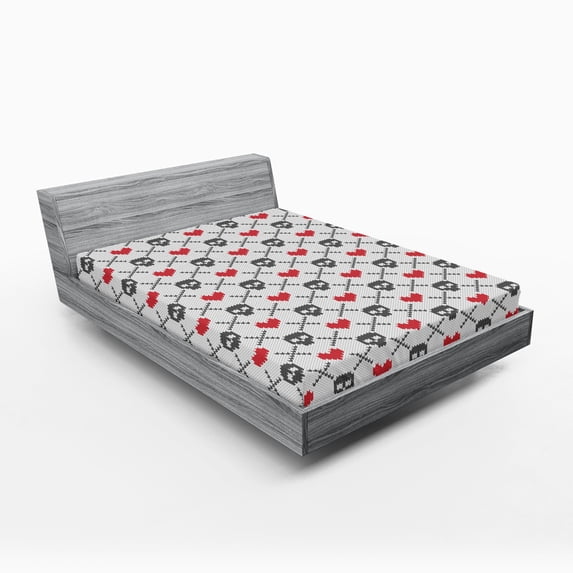 Ambesonne Geometric Fitted Sheet, Skulls Red Hearts, Queen Size, Grey Red Coconut
