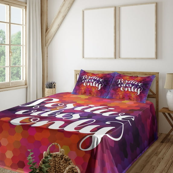 Ambesonne Geometric Fitted & Top Sheet Set with Shams, Positive Vibes Only, Multicolor