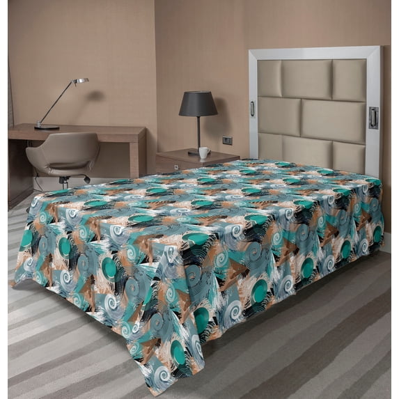 Ambesonne Geometric Flat Bedding Sheet Soft Top Sheet, Abstract Rounds Swirls, Twin, Teal Camel Cadet Blue