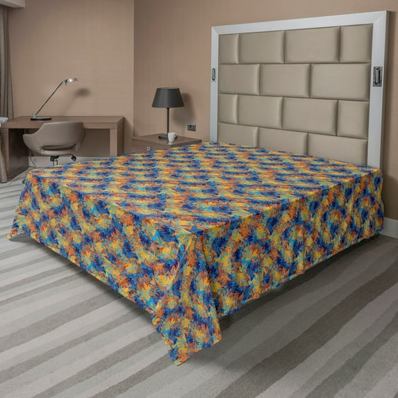 Ambesonne Geometric Flat Bedding Sheet Soft Top Sheet, Grunge Abstract Stripes, Queen, Marigold and Sky Blue
