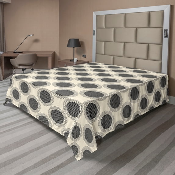 Ambesonne Geometric Flat Bedding Sheet Soft Top Sheet, Simple Art Rounds Stripes, Full, Eggshell and Charcoal Grey