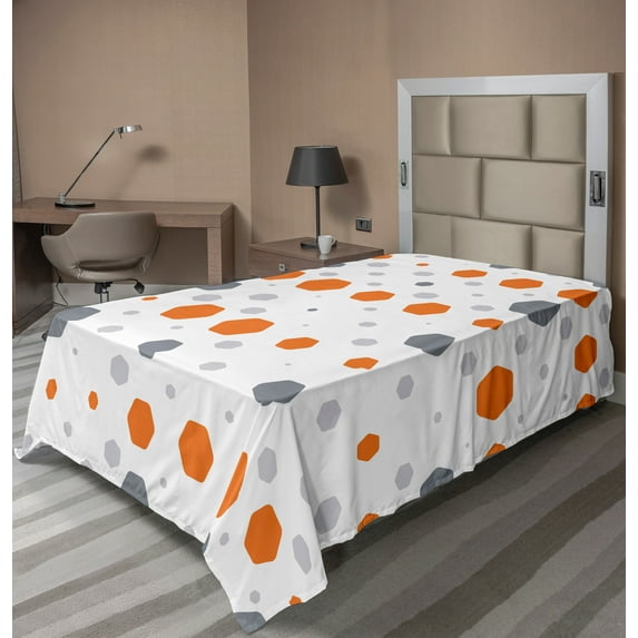Ambesonne Geometric Flat Sheet, Abstract Hexagons Pattern, Twin Size, Orange Grey Pale Grey