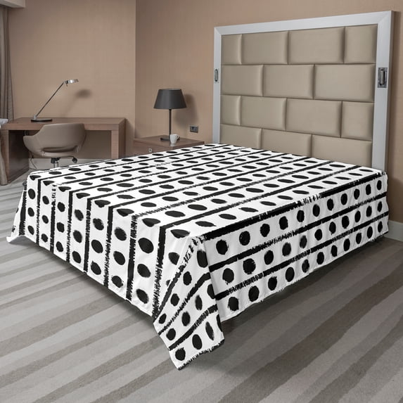 Ambesonne Geometric Flat Sheet, Brushed Stripes and Dots, California King, White and Charcoal Grey