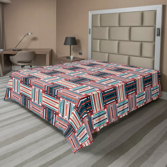 Ambesonne Geometric Flat Sheet, Colorful Lines Pattern, Queen Size, Multicolor