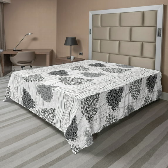 Ambesonne Geometric Flat Sheet, Flowers and Curly Stripes, Full Size, Pale Grey Charcoal Grey