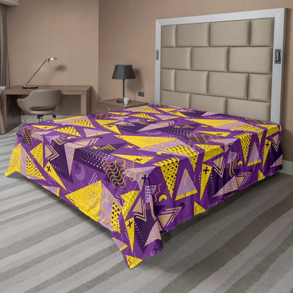 Ambesonne Geometric Flat Sheet, Funny Memphis, King Size, Yellow Purple