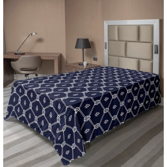 Ambesonne Geometric Flat Sheet, Marine Motifs Aquatic, TwinXL Size, Dark Blue and White