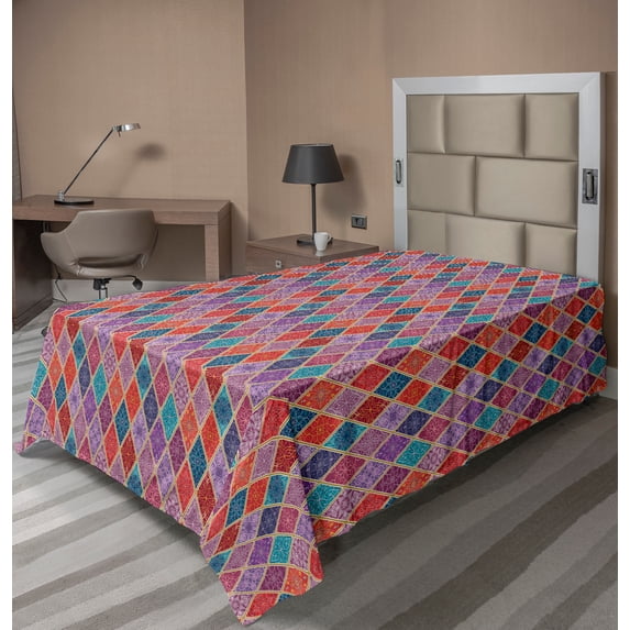 Ambesonne Geometric Flat Sheet, Oriental Rhombuses, TwinXL Size, Multicolor