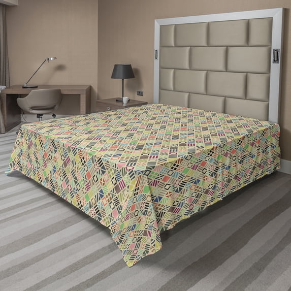 Ambesonne Geometric Flat Sheet, Patchwork Art Rhombus, California King, Multicolor