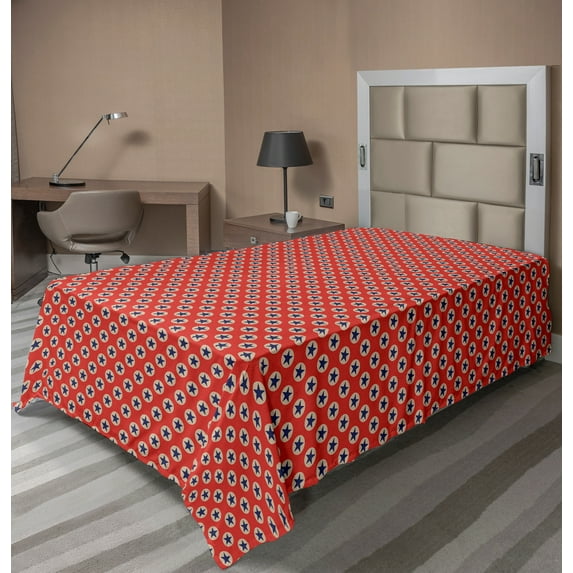 Ambesonne Geometric Flat Sheet, Patriotic Theme Stars, TwinXL Size, Vermilion Navy Blue
