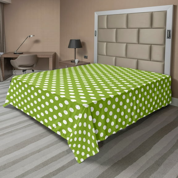 Ambesonne Geometric Flat Sheet, Polka Dots in Retro Style, King Size, Lime Green White