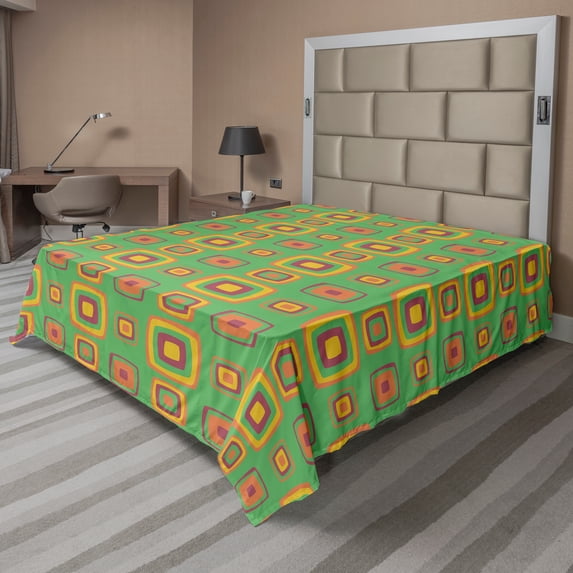 Ambesonne Geometric Flat Sheet, Retro Feelings Squares, Queen Size, Sea Green Orange Purple