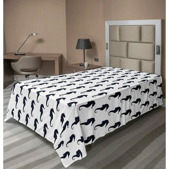 Ambesonne Geometric Flat Sheet, Seahorse Silhouettes, TwinXL Size, Dark Blue White