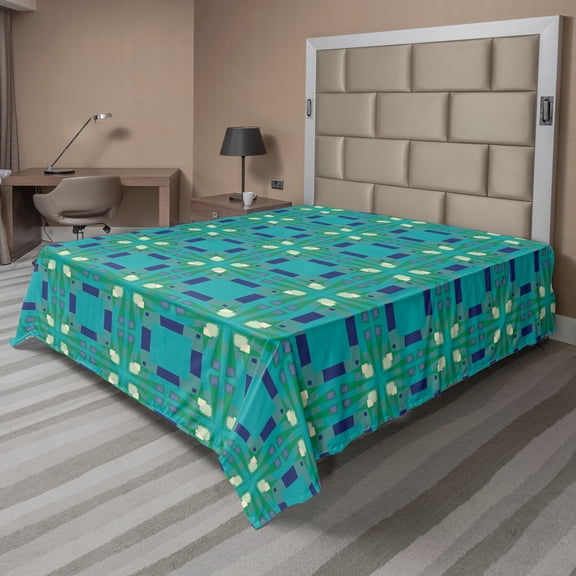 Ambesonne Geometric Flat Sheet, Shapes on Dark Seafoam, Queen Size, Dark Seafoam Quartz