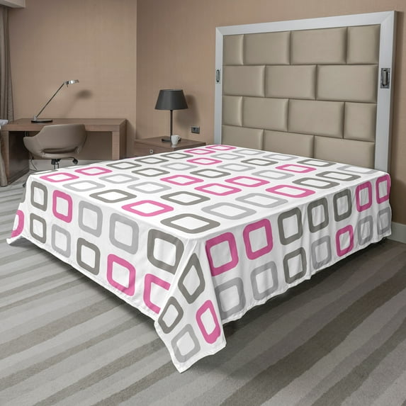 Ambesonne Geometric Flat Sheet, Square Frames Image, King Size, Pink White Grey