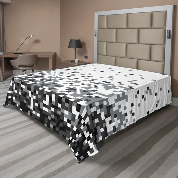 Ambesonne Geometric Flat Sheet, Squares Greyscale, King Size, Grey Dark Grey White