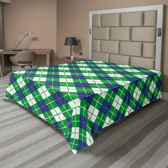 Ambesonne Geometric Flat Sheet, Squares in Argyle Pattern, Queen Size, Green White Violet Blue