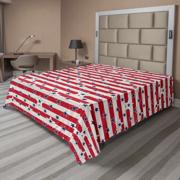 Ambesonne Geometric Flat Sheet, Stars and Stripe Theme, Full Size, Navy Blue Coconut Red