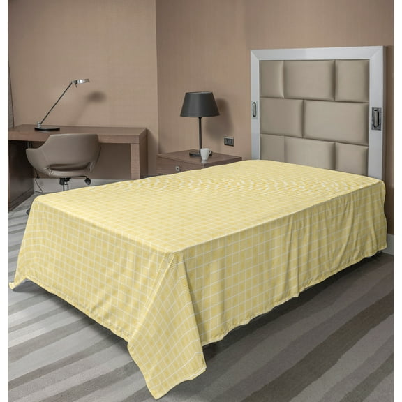 Ambesonne Geometric Flat Sheet, Striped Square Chessboard, TwinXL Size, Pastel Yellow Off White