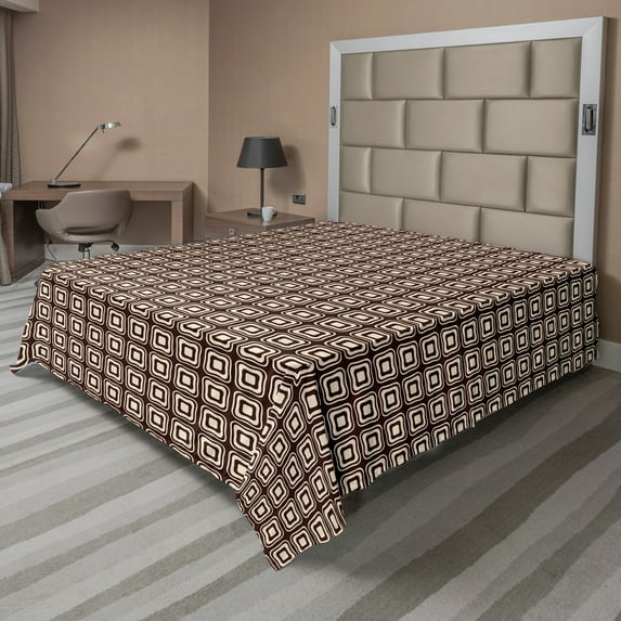 Ambesonne Geometric Flat Sheet, Tribal Aboriginal Motifs, Queen Size, Seal Brown and Champagne