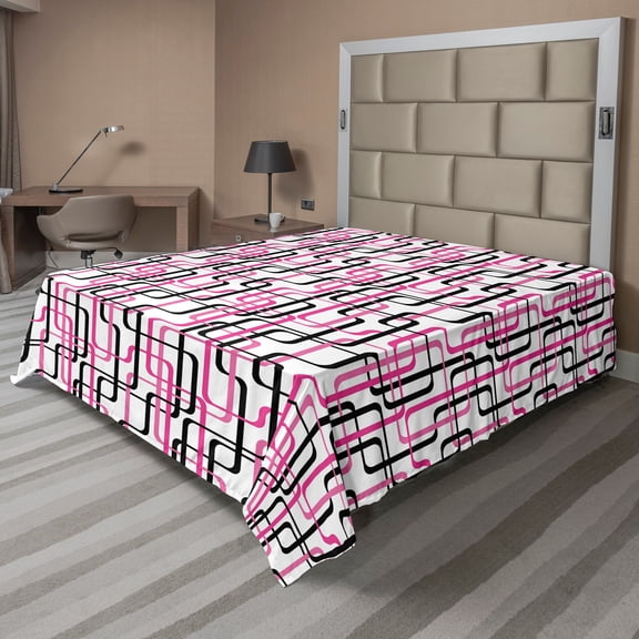 Ambesonne Geometric Flat Sheet, Wavy Lines Funky, California King, Hot Pink White Black