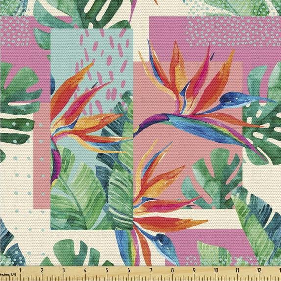 Ambesonne Geometric Floral Fabric by the Yard Upholstery, Exotic Monstera, 5 Yards, Jade Green Pink Cream