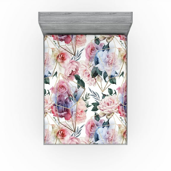 Ambesonne Geometric Floral Fitted Sheet, Roses Blossoming, California King, Pale Pink and Hunter Green