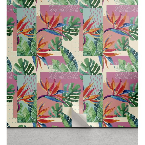 Ambesonne Geometric Floral Peel & Stick Wallpaper for Home, Exotic Monstera, 13"x36", Jade Green Pink Cream