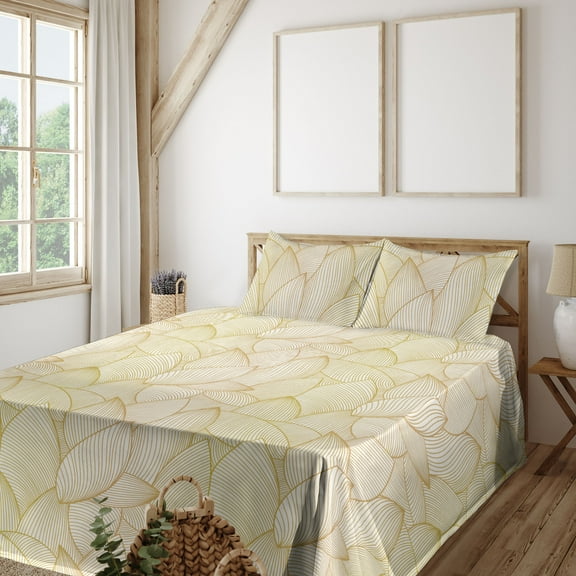 Ambesonne Geometric Flower Fitted & Flat Sheet with Shams 4 Pcs Set, Wild Lines Floral, King, Pale Earth Yellow Cream