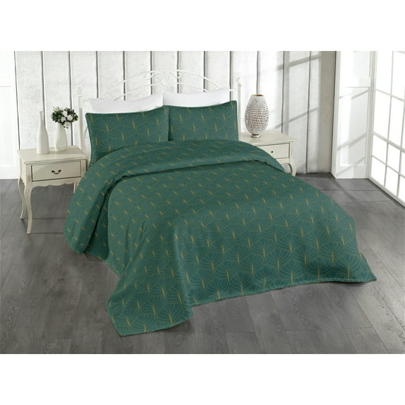 Ambesonne Geometric Flower Quilted Bedspread Set 3 Pcs, Tropical Floral, Queen, Pale Earth Yellow Teal