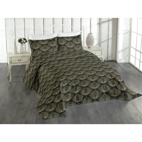 Ambesonne Geometric Flower Quilted Coverlet 2 Pcs, Abstract Art Deco, Twin Size, Charcoal Grey and Mustard