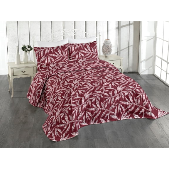Ambesonne Geometric Flower Quilted Coverlet 3 Pcs, Dot Style Leaves, Queen Size, Maroon Pale Maroon White