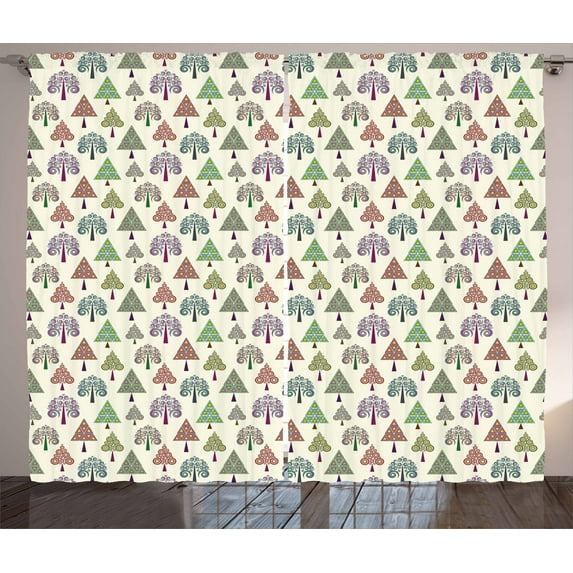 Ambesonne Geometric Forest Curtains 2 Panel Set, Triangle Trees, 108" x 63", Multicolor