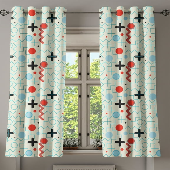 Ambesonne Geometric Grommet Curtain, Circle Zig Zag Waves, 50" x 54", Pale Blue Cream Red