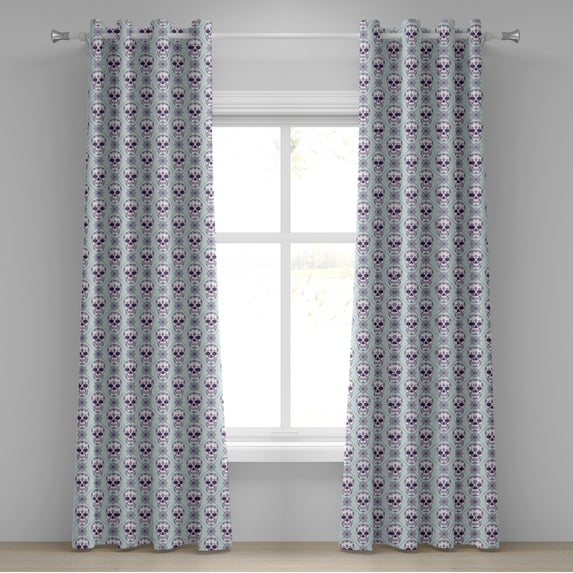 Ambesonne Geometric Grommet Curtain, Floral Damask Skulls, 50" x 120", Pale Blue Purple White